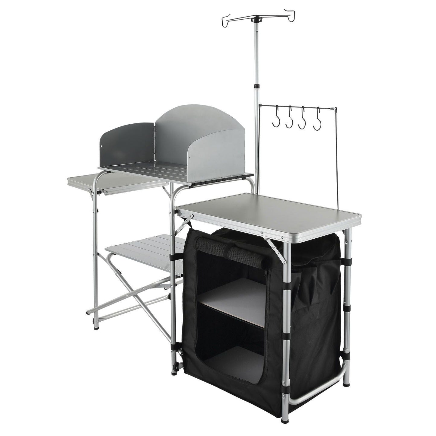 Camping Kitchen Table, Folding Outdoor Cooking Table with Storage Carrying Bag, Aluminum Cook Station 1 Cupboard & Detachable Windscreen, Quick Set-up for Picnics, BBQ, RV Traveling, Black